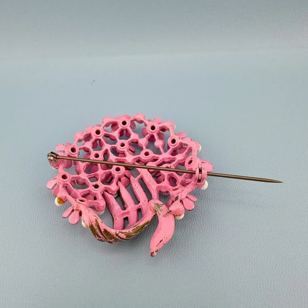 Vintage Rhinestone Flower Brooch Pink Japanned Enamel Floral Spray Bouquet 2